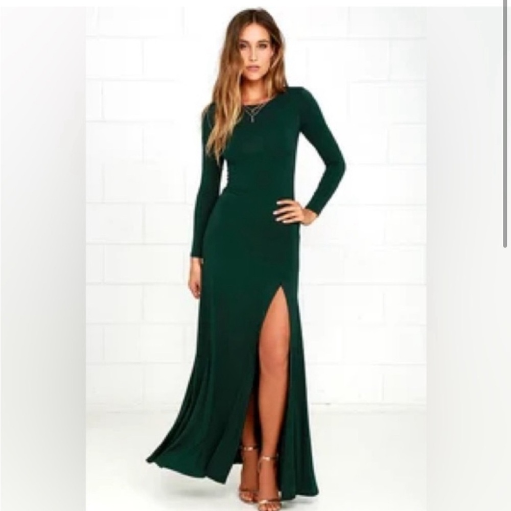 Lulus swept away forest green long sleeved maxi dress